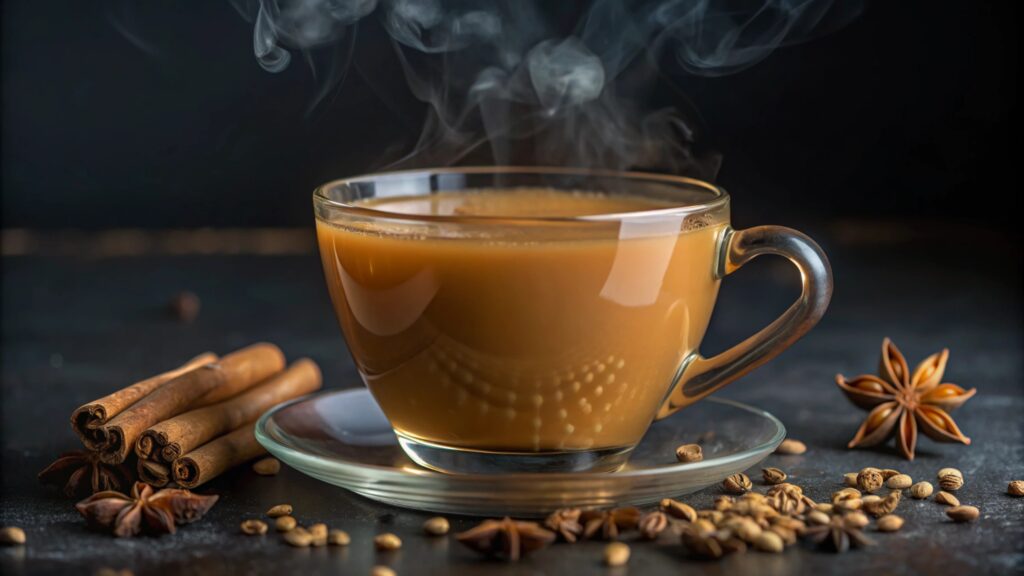 a steaming cup of coffee with cinnamon sticks, star anise, and coffee beans on a dark background.